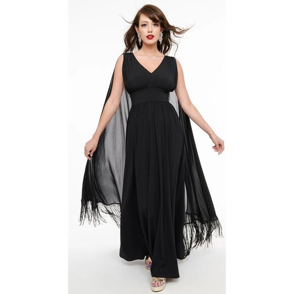 Unique Vintage Dresses & Skirts - Smak Parlour Unique Vintage 1970’s Black Fringe Cape Maxi Dress 3X 20 NWOT